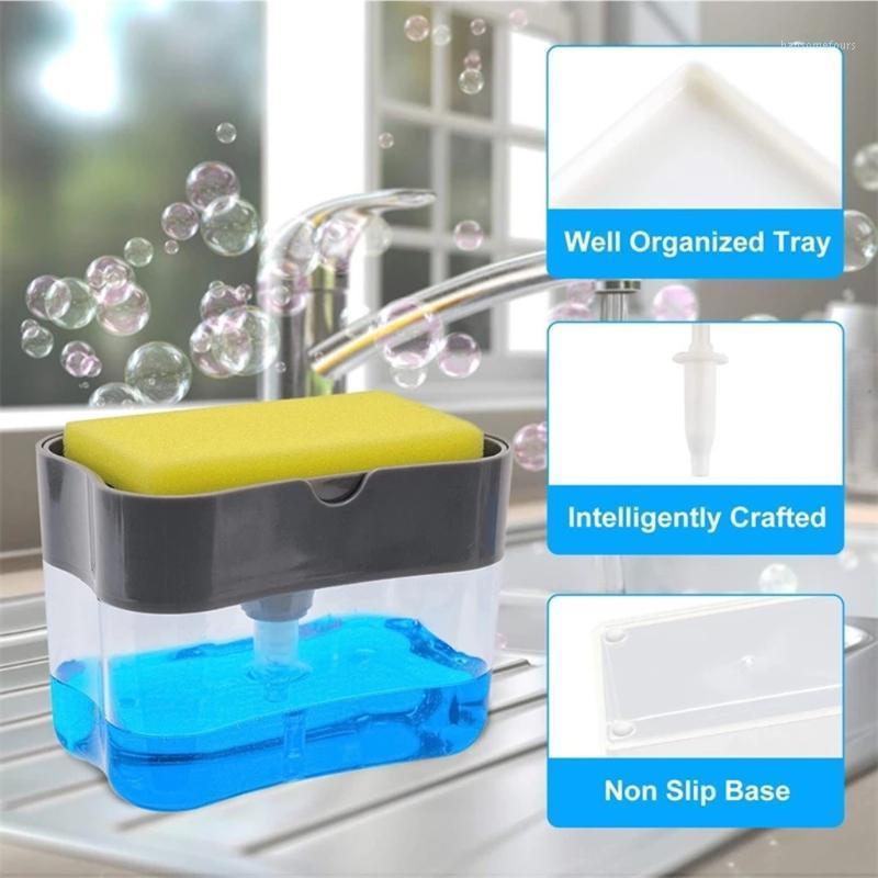 

2-in-1 Sponge Rack Soap Dispenser Soap Pump & Sponge Caddy Bathroom Kitchen Organizer Household Cleaning Accessories Storage Box1