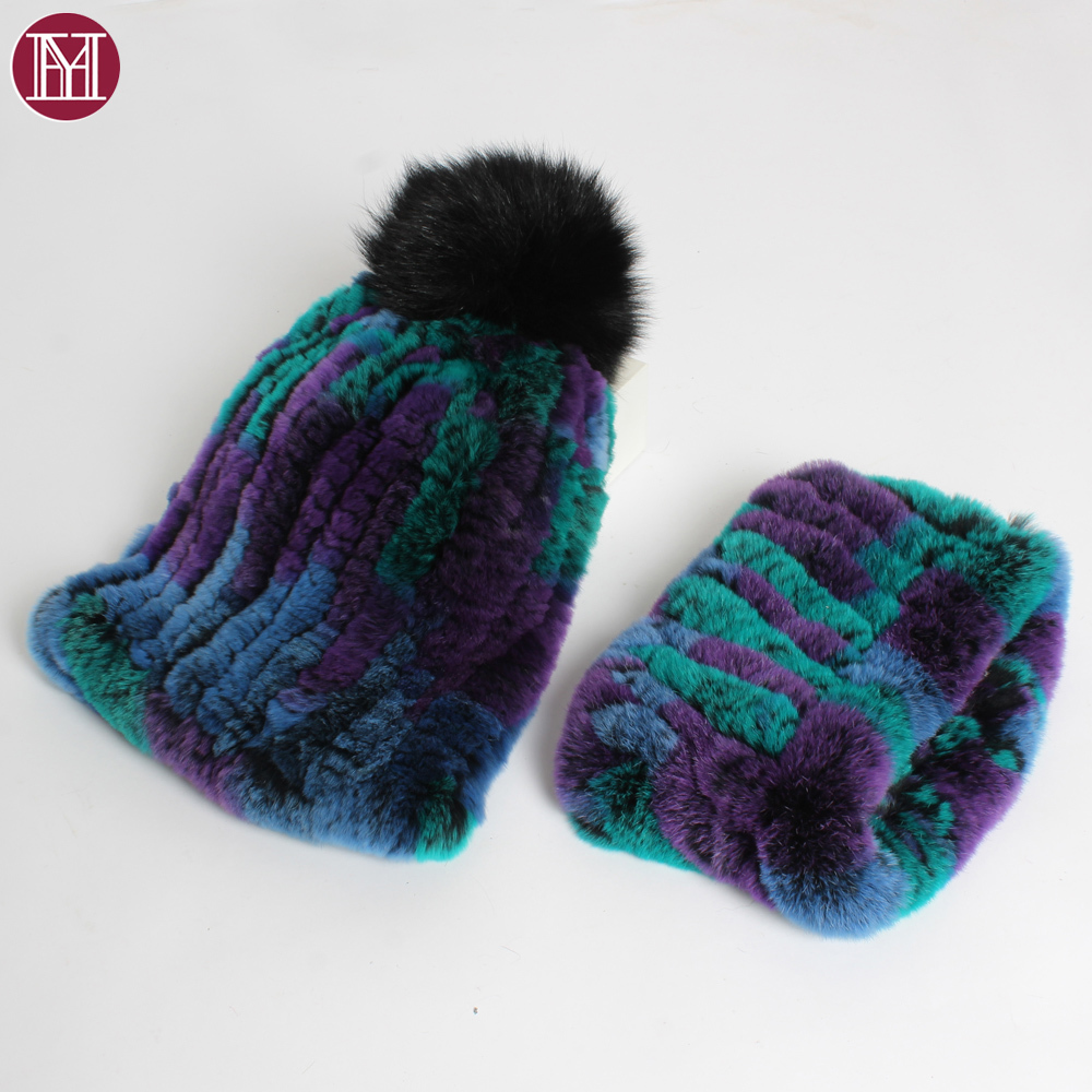 

2020 New Winter Knitted Real Rex Rabbit Fur Hat Scarf Set Lady Good Elastic Genuine Fur Hats Scarves Women Warm Soft Fur Caps F1208, Blue;gray
