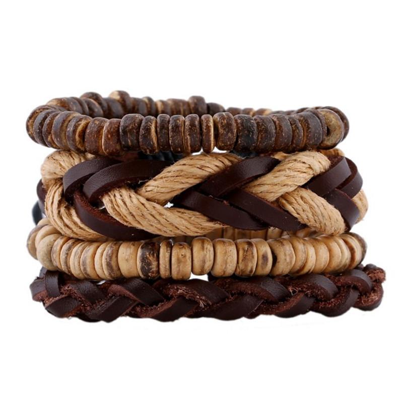

4pcs/set punk hippie light brown Brown Leather macrame braiding knots cord coconut Wood Beads Layers Bracelet Bangles for man