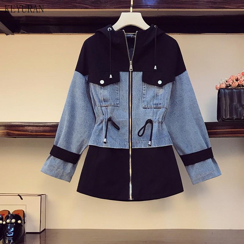 

2021 Autumn And Winter Women's Denim Coat Hooded Stitching Loose Large Pocket Fashion Plus Size 4XL Denim Jacket Outwear, Black