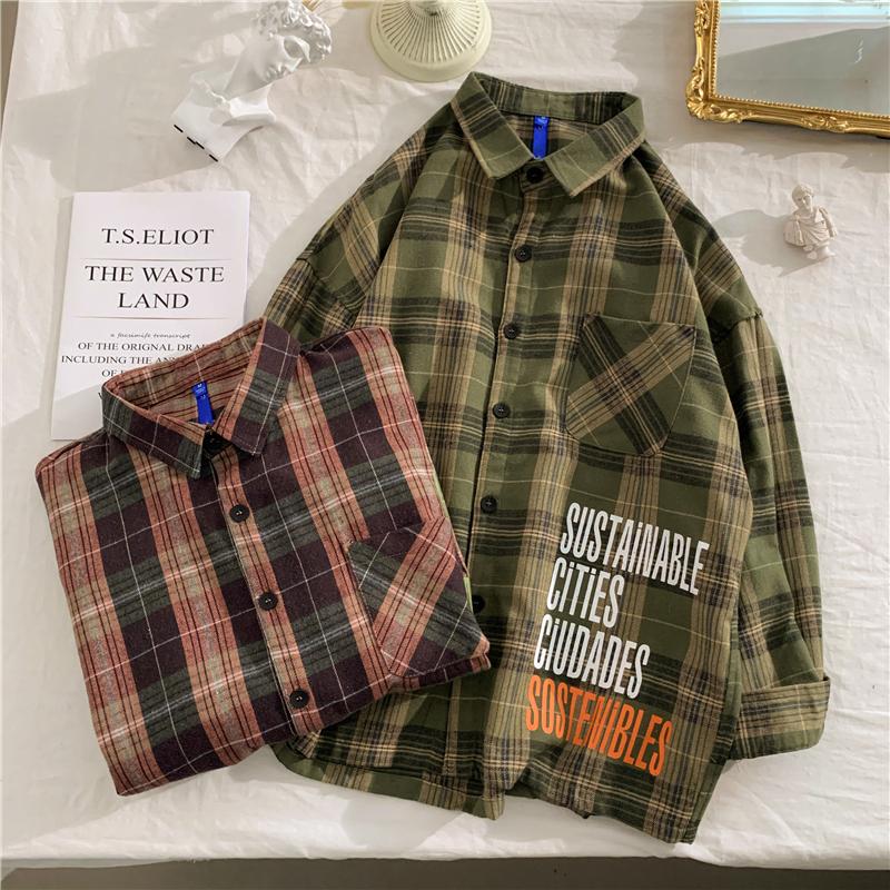 

2021 Spring Long Sleeve Plaid Shirts Couples Clothing Casual Vintage Camisa Masculina Harajuku Hip Hop Tops Fashions Streetwear, Army green