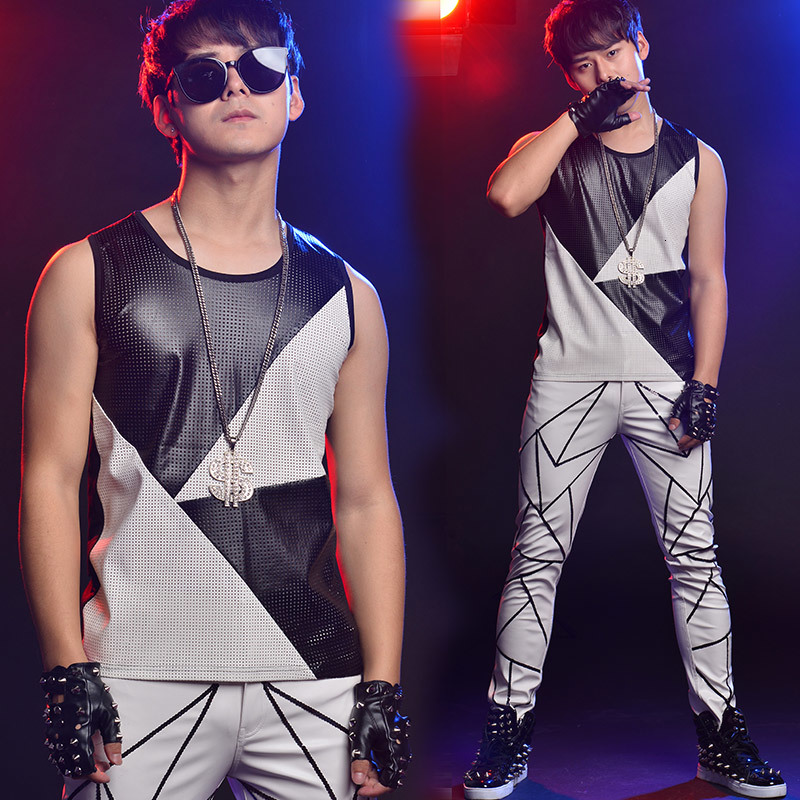 

2021 New S-6xl!! Singing Nightclub Male Attire Stage Wear Black White Custom Patchwork Leather Vest Punctured. 6IVP, 12