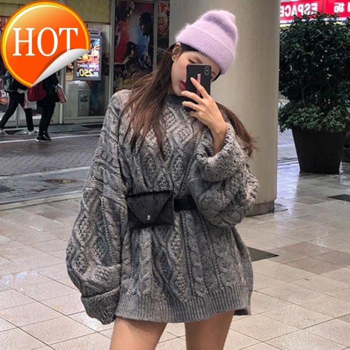 

South Korea Gate autumn new thick wool large size loose lazy wind medium length large sleeve woollen girl, Gray