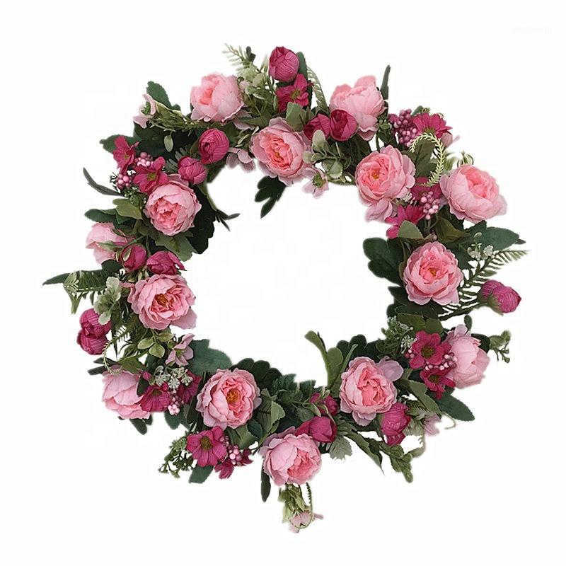 

16 Inch Artificial Silk Rose Flower DaisyTwig Base Wreath for Wedding Indoor Decoration Holiday Festival Party Decor1, Pink