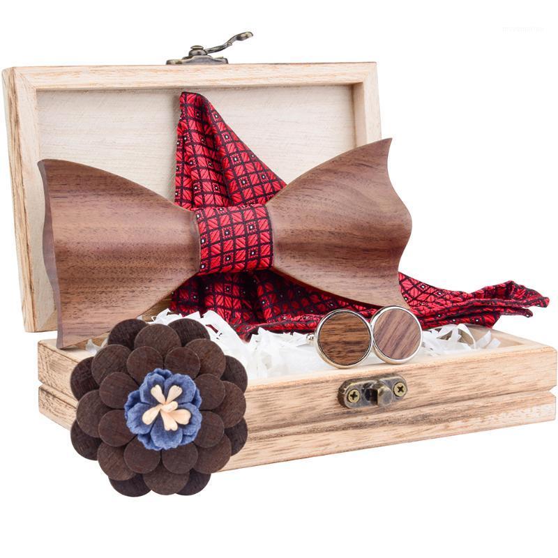 

Red Plaid Wooden Bow Tie Handkerchief Brooch Cufflink Set Fashion 3D Wood Box Bowtie Pocket Square For Men Wedding Party Gifts1
