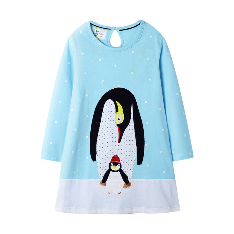 

Jumping Meters Animals Applique Princess Girls Dresses Cotton New Arrival Cute Penguins Baby Costume Long Sleeve Children Dress LJ200921, T7130 blue penguin