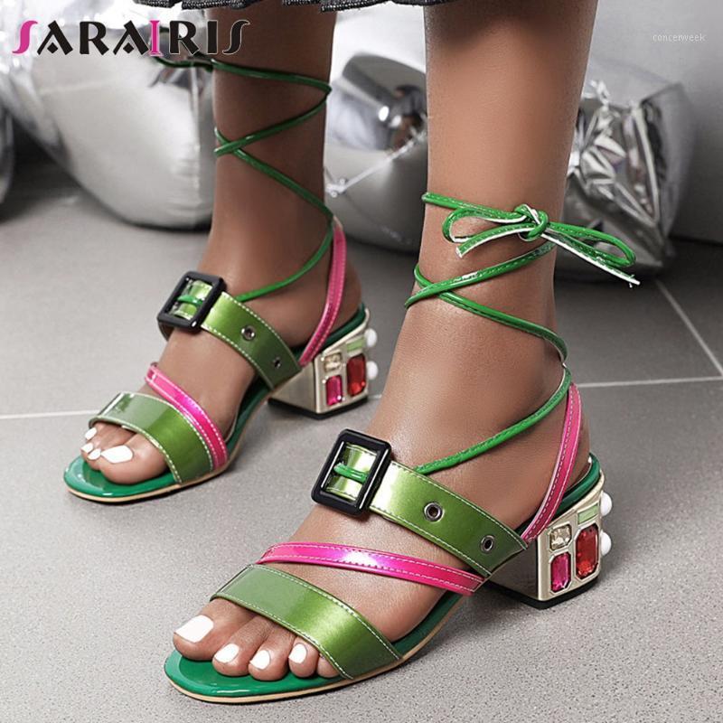 

SARAIRIS Sweet High Chunky Heels Sandals 2020 New Ins Hot Colorful Gladiator Sandals Women mixed-color ankle-wrap Shoes Woman1, Green