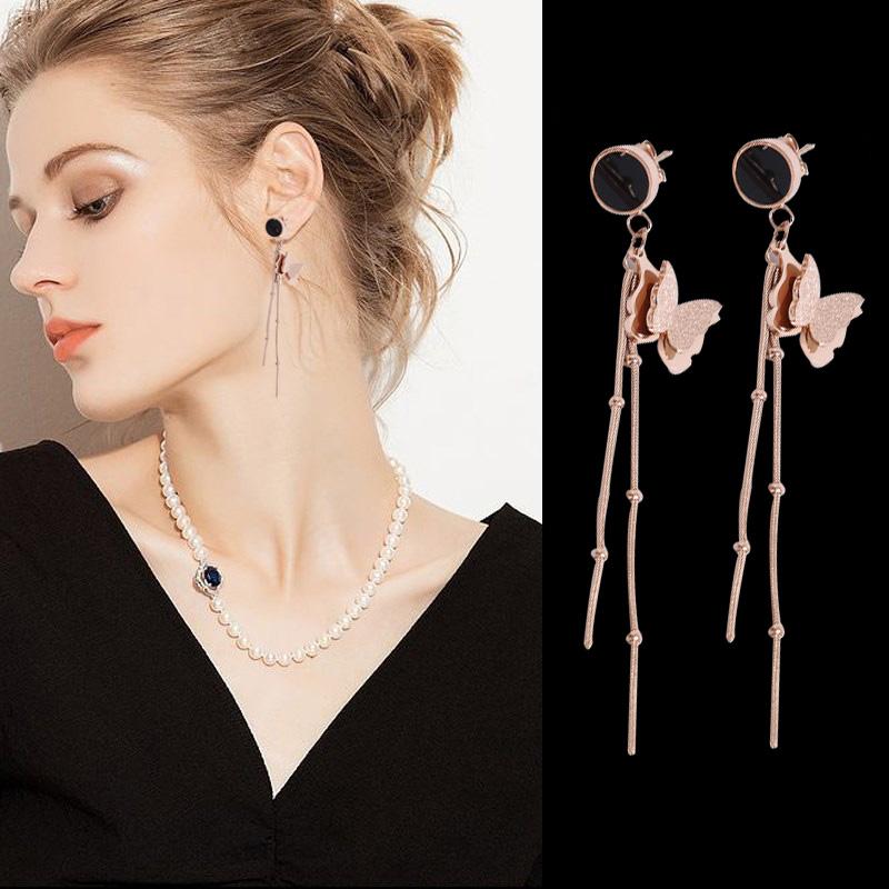 

OUFEI Korean Earring Fashion Jewelry Rose Gold Long Statement Butterfly Tassel Earring Luxury Titanium Steel Women Gift