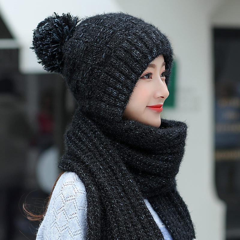 

Autumn Winter knitted Beanies Hat Women Velvet Thick Warm Wool Skullies Cap Bib Female Bonnet Beanie Caps Windproof Riding Sets, White