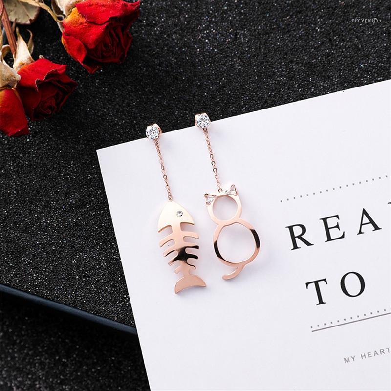 

Sweet Asymmetric Cats Fish Bone Drop Earrings for Women Cute Stainless steel Kitty Pets Dangle Earrings Wedding Party Girl Gifts1