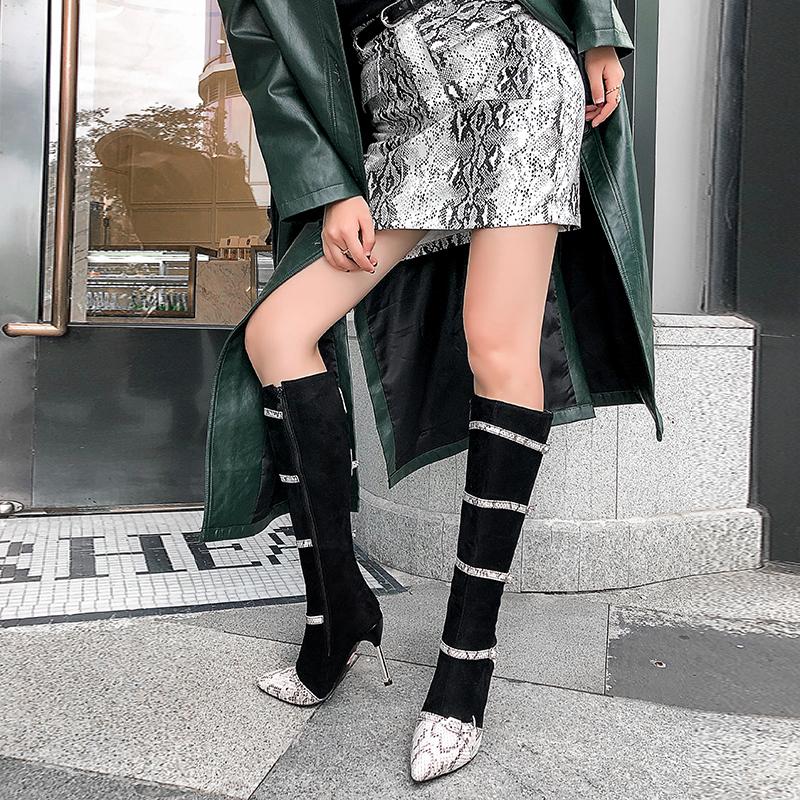 

New women's shoes in autumn and winter sexy boots snake pattern buckle retro high heel side zipper high boots shoe for women, Black