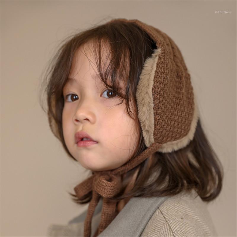 

Autumn Winter Kids Vintage Wool Ear Covers Cute Tie Warm Knit Girls Head Wear Accessories Solid Color with Ball Earmuffs AD09141, Army green