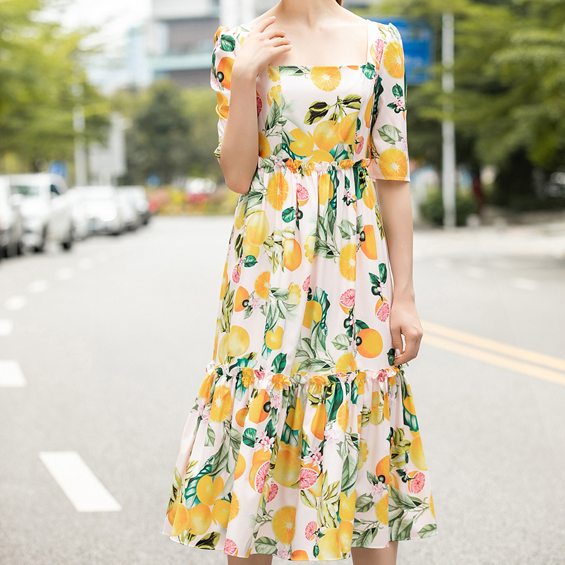 

Runway Retro Printing Flowers Mean Sleek Thin Temperament of Women in Medium Length Spring Long Summer High Quality M996, Yellow