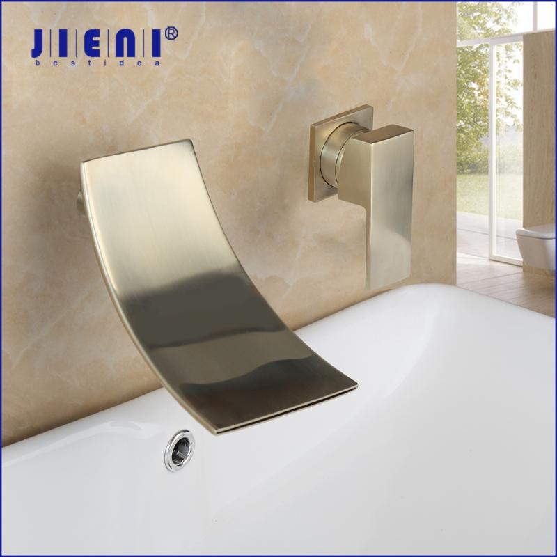 

JIENI Wall Mounted Waterfall Bathroom Bathtub Faucet Brushed Golden Bathroom Basin Sink Faucet 1 Handle Hot & Cold Mixer Tap