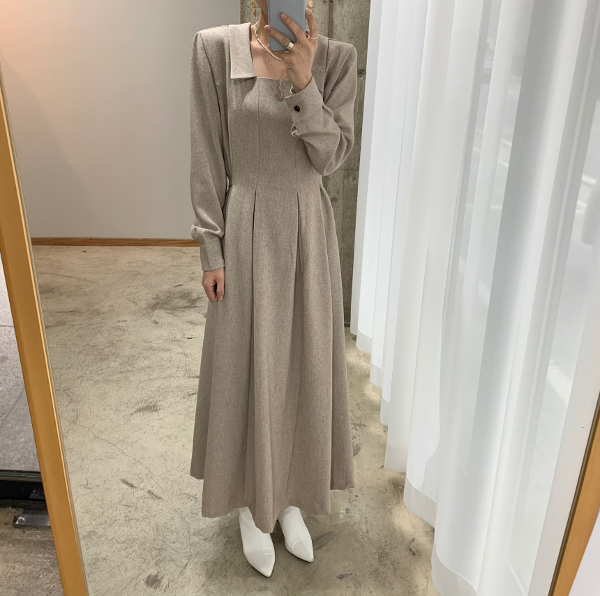 

2021 New Spring Autumn Women Vintage Office Lady Long Sleeve Square Collar Female Elegant t A-line Vestidos Fashion Clothes Vigo, Beige