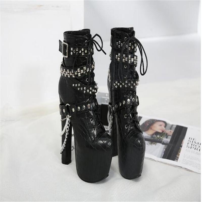 

shoes woman 16CM Coarse heel Waterproof 6CM Rivets Comfort Metal decoration feminino Fashion Show Amazing shoes USA 3-8 9, Black