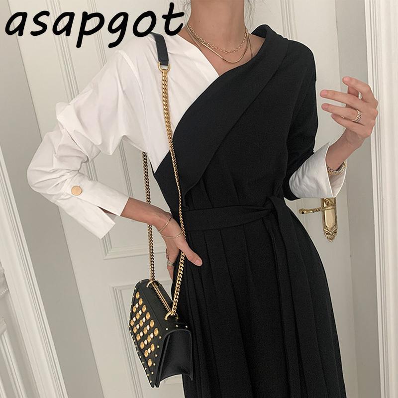 

Casual Dresses Korean Chic Temperament Light Mature Slim V-neck Contrast Color Patchwork Fake Two-piece Lace Up Waist Dress Vintage, Black;gray