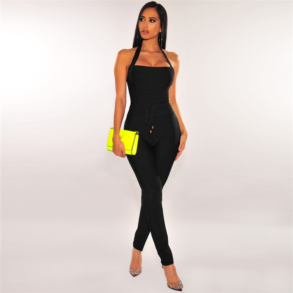 

2021 The New New Fashionable Tie Black Waist High Quality Women Rayon Bandage Sexy Jumpsuit Party Overalls Vd9k, Khaki.