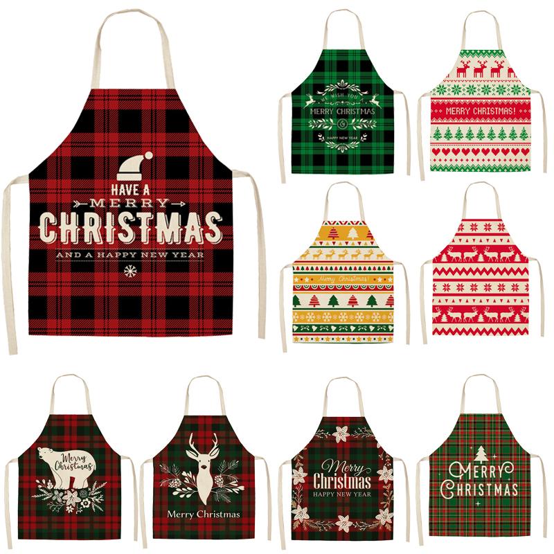 

1PC Merry Christmas Apron Cute Elk Red Plaid Cotton Linen Kitchen Apron For Woman Bibs New Year Xmas Baking Cooking Accessories