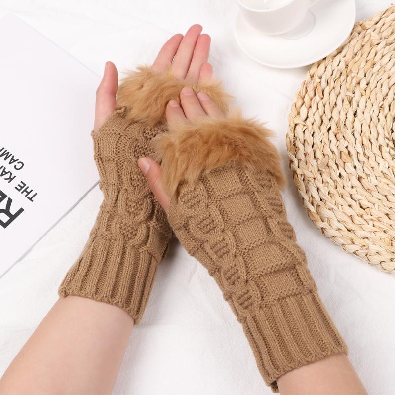 

Winter Women Gloves Plush Faux Fur Knitting Wool Keep Warm Fashion Short Mitten Fingerless Lady Girl Half Finger Glove