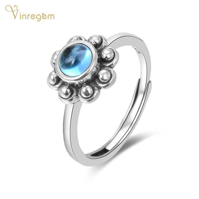 

Cluster Rings Vinregem Vintage 100% 925 Sterling Silver Blue Topaz Gemstone Wedding Engagement White Gold Flower Fine Jewelry Wholesale, Golden;silver