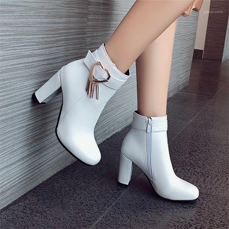 

Ankle Boots For Women white black Round head Thick Heel Zipper Fashion Shoes Solid Color Outdoor Winter Footwear Size 32-431