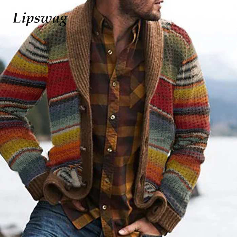 

2020 Autumn Winter Vintage Single Breasted Coats For Men Casual Long Sleeve Jacket Male Fashion Turn-down Collar Striped Outwear, Colorful