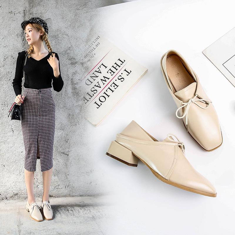 

British style ladies brogues shoes retro lace up two wears mary janes oxfords shoes thick heels small leather girls pumps, Beige