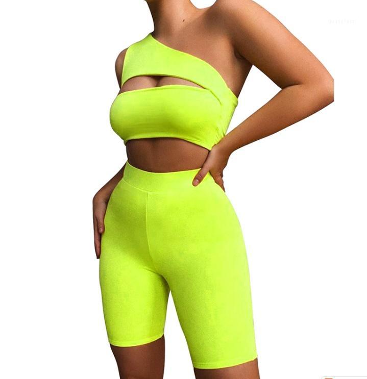 

Summer Women Sport Suits One Shoulder Hollow Top High Waist Seamless Short Fitness Gym Exercise Clothes Sets1, Black