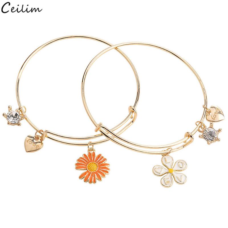 

Fashion Gold Color Adjustable Wire Bangle for Women Girls Love Heart Charms Enamel Daisy Bracelets Cuff Jewllery
