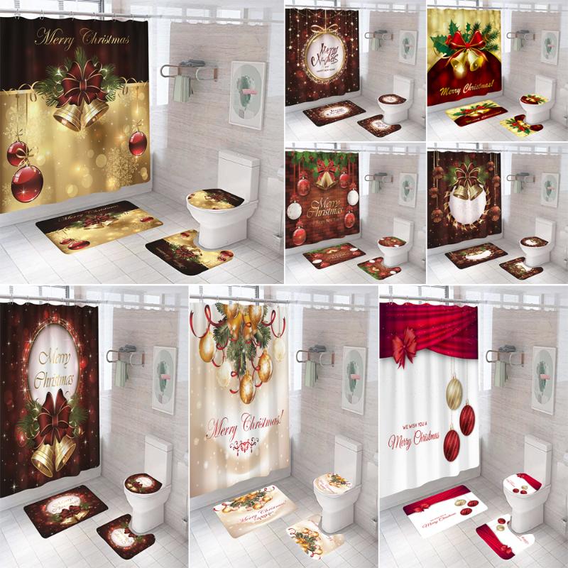 

Merry Christmas Bathroom Shower Curtain and Rug Sets Bells Streamers Anti-skid Rugs Toilet Cover Bath Curtains with 12 Hooks