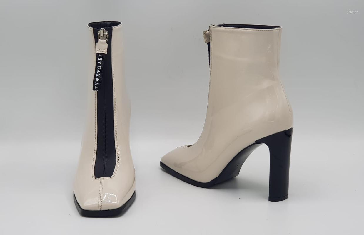 

High Heel Leather Bright Black White Boots For Women Ankle Zip1