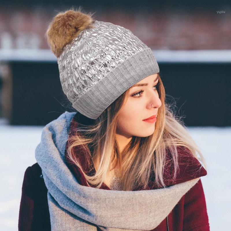 

Womens Slouchy Beanie Hat Faux Fur Pom Warm Winter Knitted Ski Cap Autumn Soft Trendy Pompom Hats Kpop Style All-match1