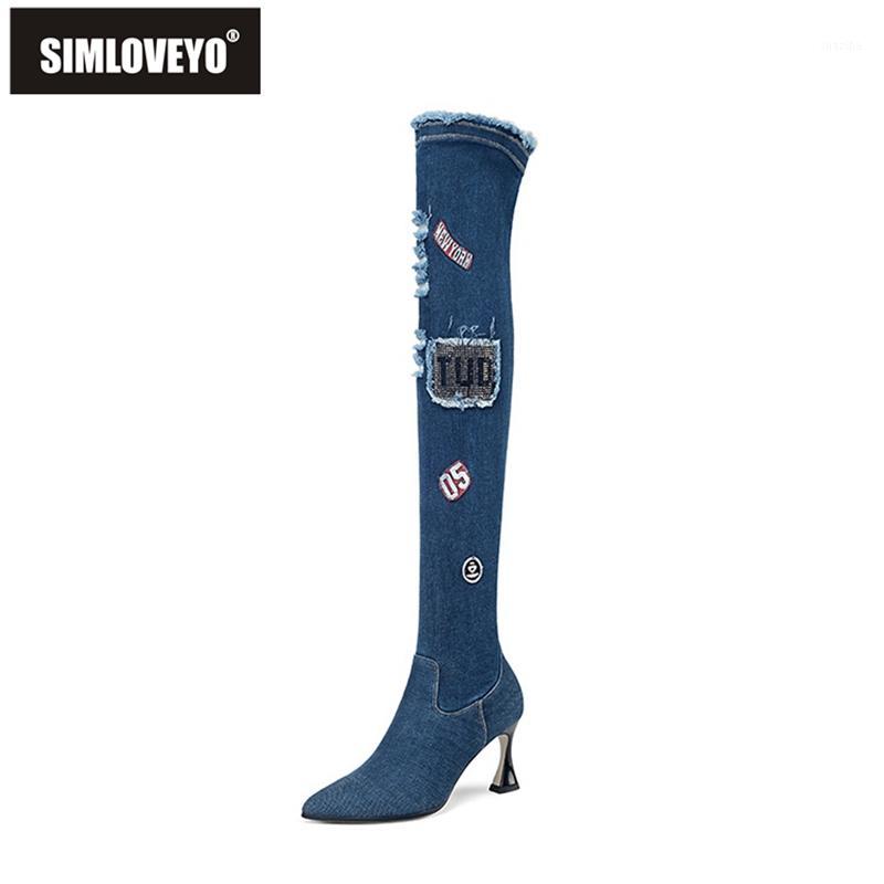 

SIMLOVEYO Slim Sexy Denim Over The Knee Boots Hollow Pointed Toe Strange Heels Patch Zipper Slip on Big size 33-43 Party B18111, Blue
