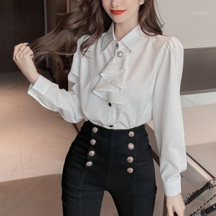 

Pleats Folded Design Scarf Tie Design White Blouse Women Shirt Long Sleeve Top French Look Chemise Femme Blusa Mujer Camisa1, As pic