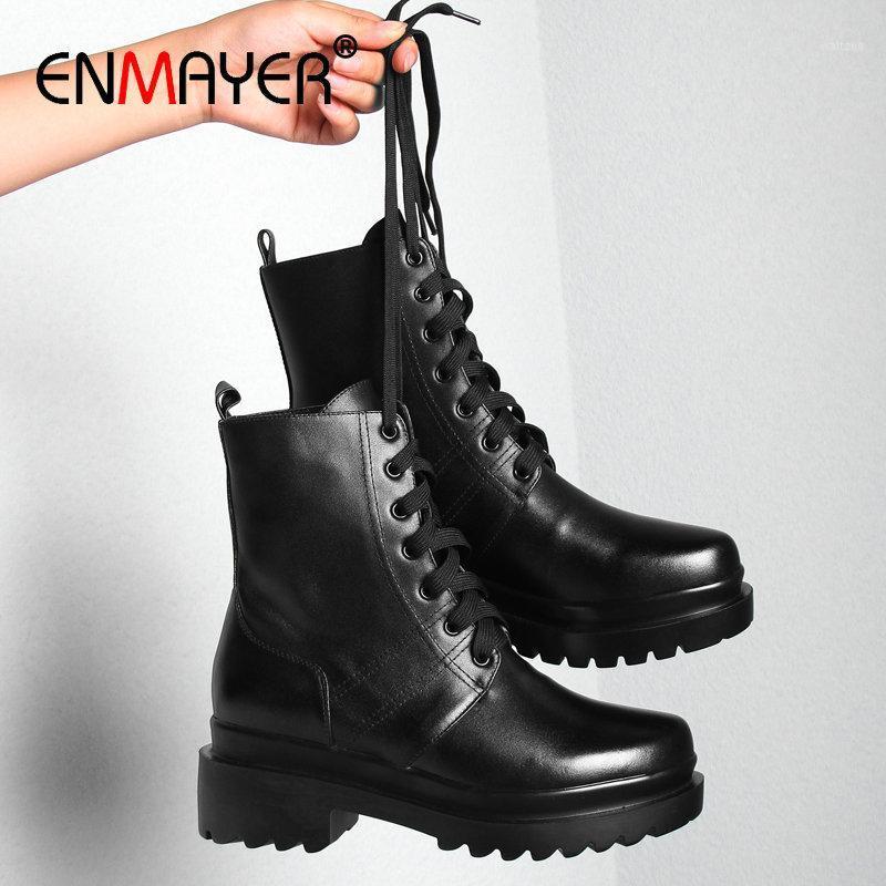 

ENMAYER 2020 Cool Platform Boots Lace-Up Genuine Leather Women Shoes Boots Women Square Heel Round Toe Leather1, Black