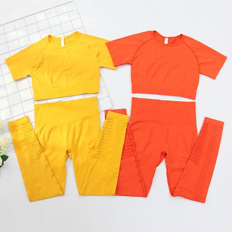 

2pcs Seamless Women Yoga Set Women Gym Clothes Yoga Long Sleeve Crop Top+High Waist Leggings Active Sportswear Fitness Tracksuit1, Orange leggings