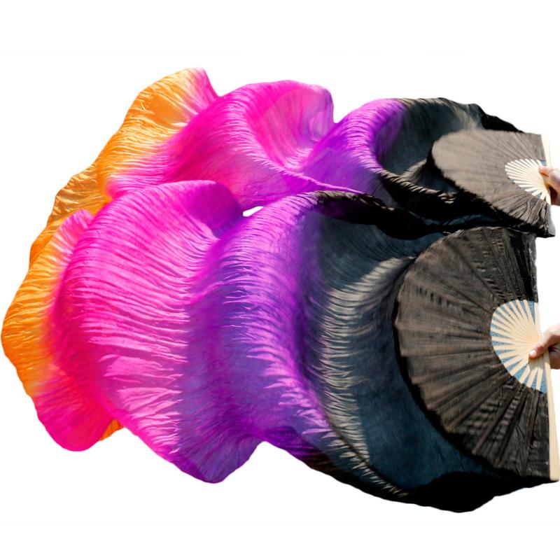 

High Quality Silk Belly Dance Fan Dance 100% Real Silk Veils Left+right Colors Black+Purple+Rose red+Orange, As picture