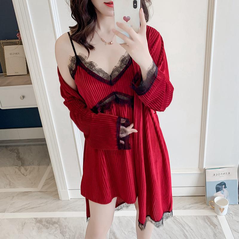 

Sleepwear Lady 2PCS Kimono Gown Autumn Winter New Velour Nighty&Robe Suit Sexy Nightwear Velvet Nightdress Intimate Lingerie, Gray