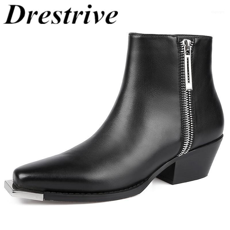 

Drestrive Women's Ankle Boots Metal Square Toe Cow Leather Zipper Black Low Heels 4 cm 2020 Autumn Classics Office Shoes1