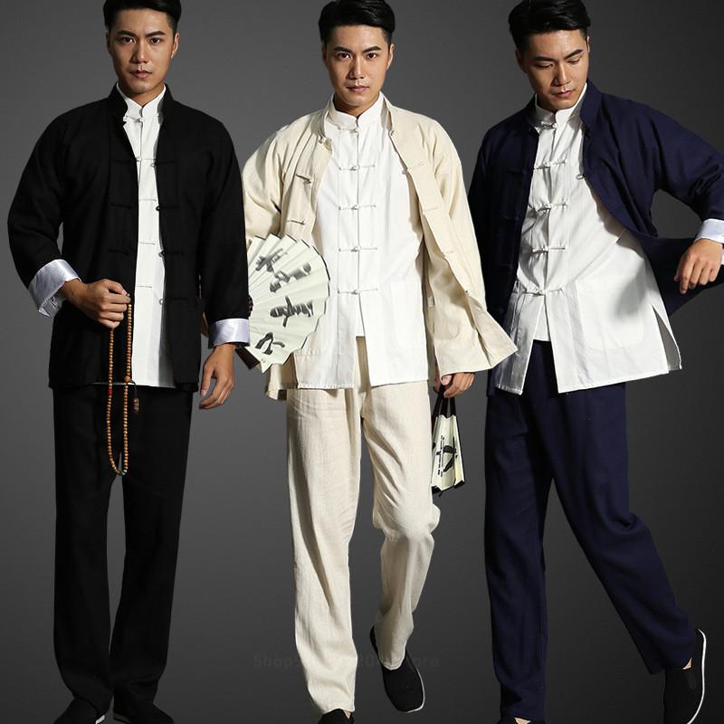 

2pcs Chinese Style Cotton Linen Coat Autumn New Men's Loose Kimono Cardigan Men Solid Color Tang Suit Tai Chi Suits