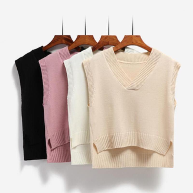 

Women Short Loose Knitted Sweater Sleeveless Women Vest Korean Ladies V-Neck Pullover Tops Girls Waistcoat Female Outerwear1, White vest