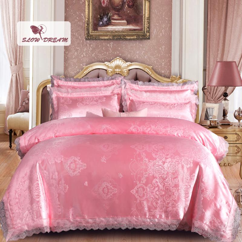 

SlowDream Pink Girl Adult Bedding Set Luxury Duvet Cover Lace Decor Home Textiles Quilt Cover 100% Cotton Fitted Sheet Corners, 006
