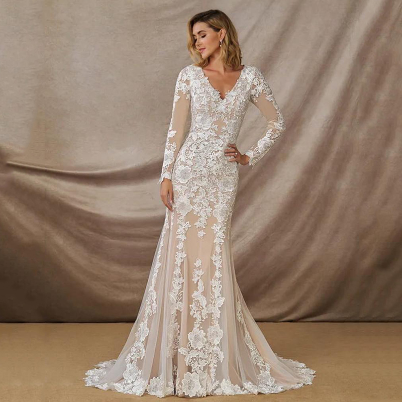 

V Neck Long Sleeves Lace Mermaid Wedding Dresses for Women Sweep Train Appliques Bridal Gowns Vestidos De Novia, Same as image