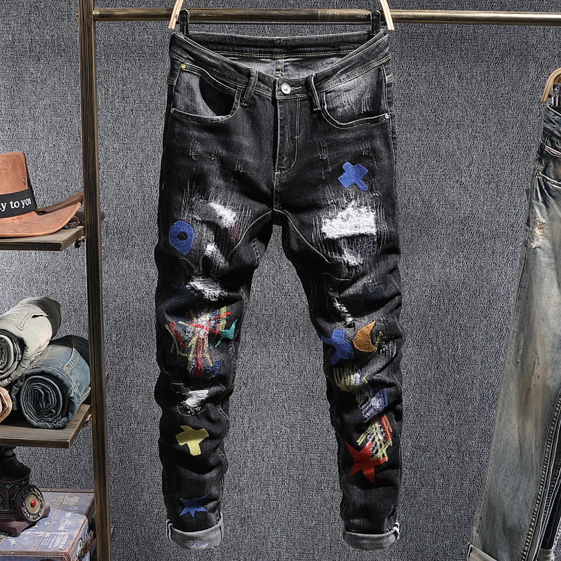 

2021 New American Streetwear Fashion Top Quality Elastic Patches Designer Slim Ripped Men Punk Pencil Pants Hip Hop Jeans Bsp0, Black