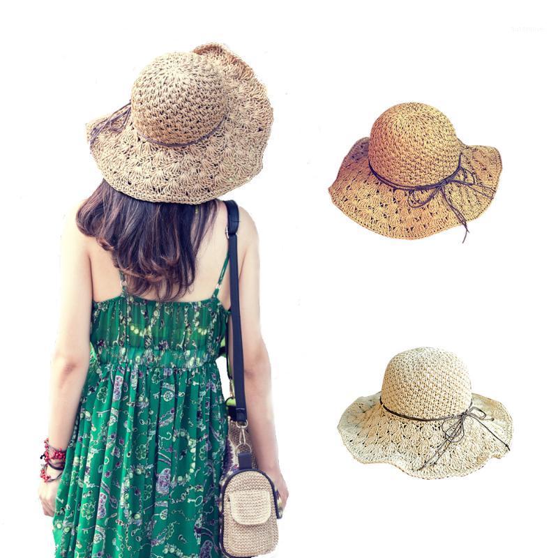 

Spring Summer Sun Hats For Woman Hollow Out Beach Seaside Sun Hats With Big Heads Bowknot Folding Holiday Straw Girls1, Beige