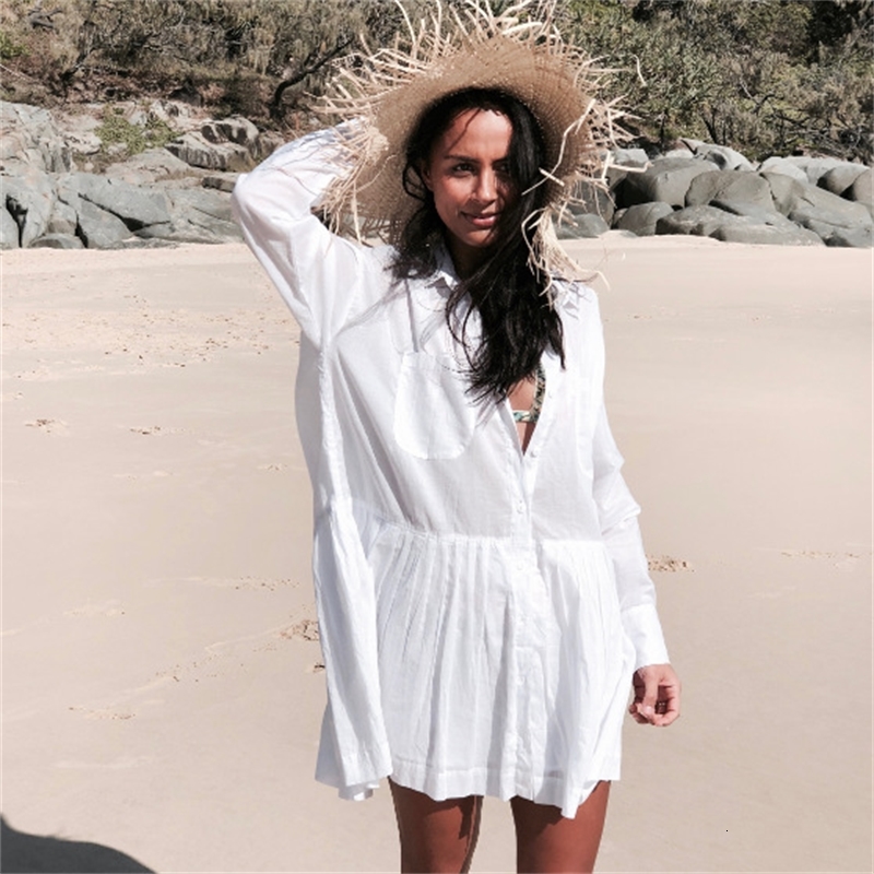 

2021 New Three-color blouse woman swimsuit cover cotton shirt-style holiday cardigan sexy bikini shirt 7ET2, Blue