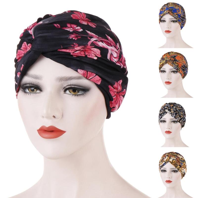 

Muslim Women Print Twist Knot Chemo Cap Cancer Hair Loss Turban Hat Bonnet Head Scarf Wrap Beanies Skullies Islamic Caps, 03 orange