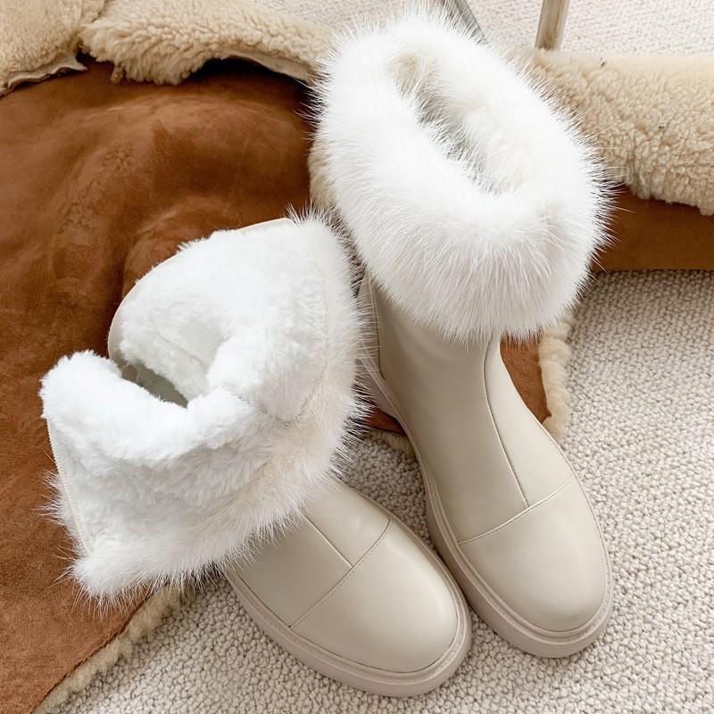 

Women Snow Boots Ladies Shoes Plush Warm Winter Genuine Leather Round Toe Platform Thick Fur Headband 2020 Ankle Boots Size 42, Beige