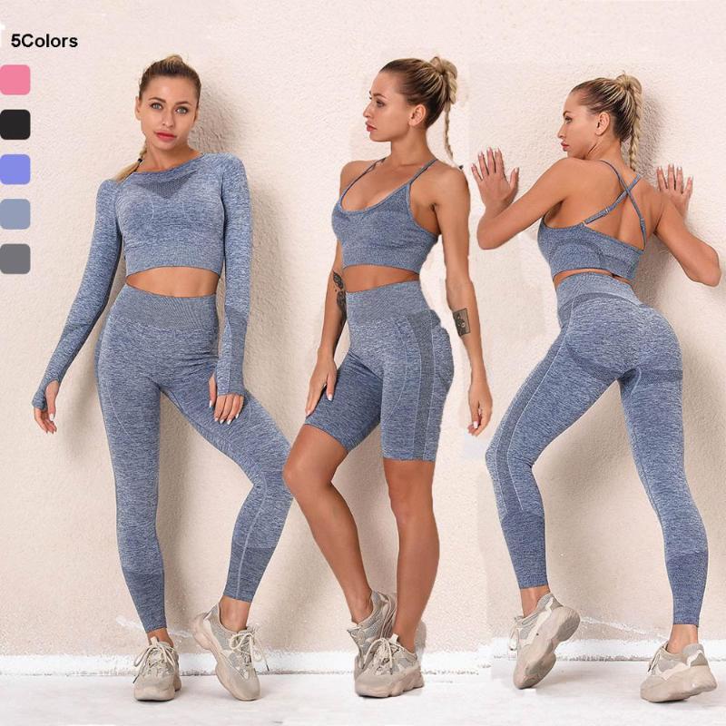 

2-Piece Seamless Knitted Yoga Set Women Slim Fitness Sports Suit Sports Leggings Breathable Running Pants Gym Shirt Sportswear1, F-shorts-9187-blue